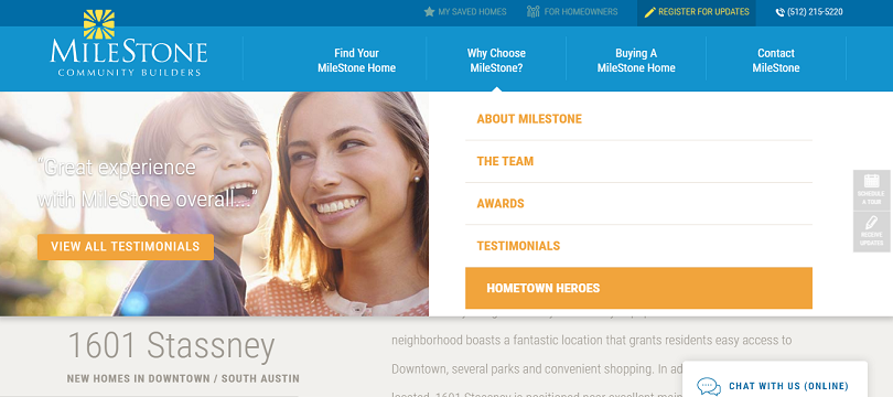 A website menu featuring information about MileStone Community Builders