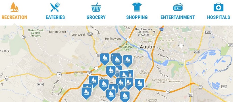 A local amenities map based on Austin, Texas homes for sale