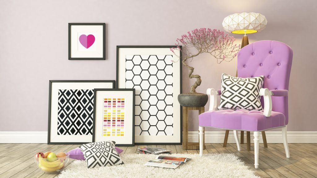 Summer home décor in the form of colorful artwork in purple room 