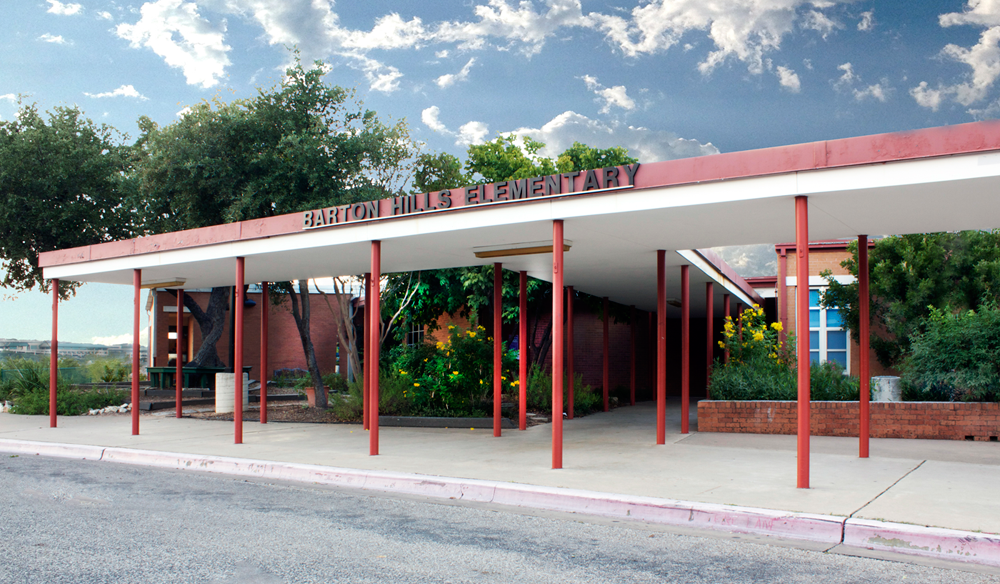 : Front entrance of one of the best schools in Austin, Texas, Barton Hills Elementary