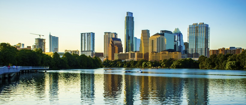 Summer skyline view of city of Austin, Texas and Lady Bird Lake