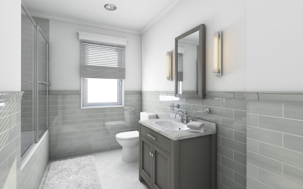 A bathroom with a light gray backsplash and white walls