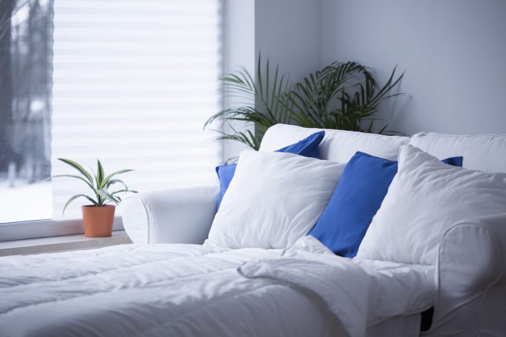 Cobalt blue pillows on white bedding as a summer color trend