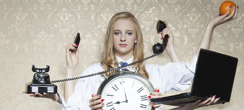 Woman with extra arms holding a lot of items