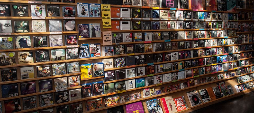 Wall of records at the local Austin business, Waterloo Records.