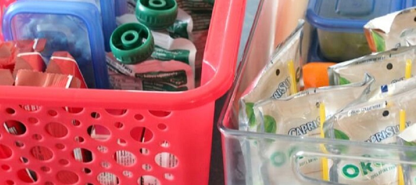 A snack station with bins for back-to-school season.