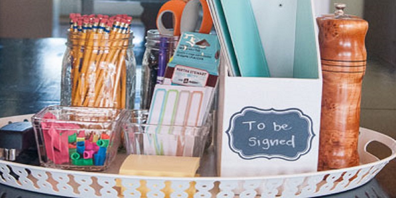 A homework station with school supplies on a tray for back-to-school season.