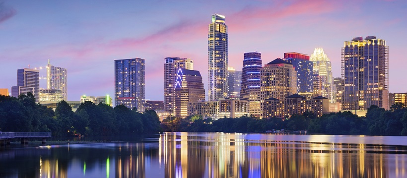 Austin skyline of downtown at sunset.