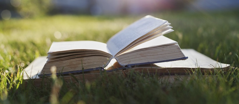 Books open on grass as example of how Austinites love to read.