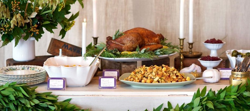 A thanksgiving buffet with food and decor to help with planning Thanksgiving