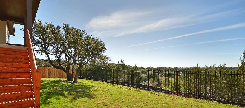 Hill Country backyard of a new home in the greater Austin, Texas, area