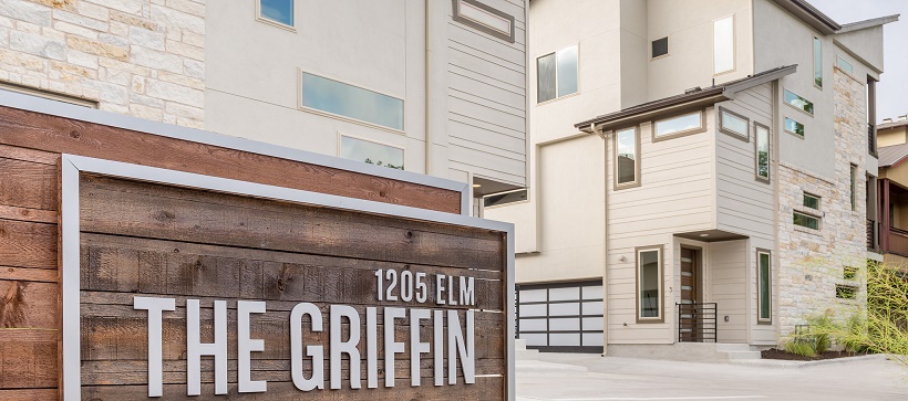 Front entrance of a downtown Austin living option, The Griffin