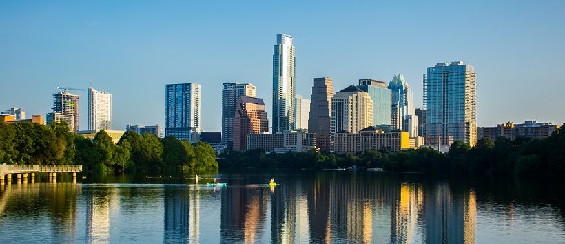 View of downtown Austin, Texas over Town Lake