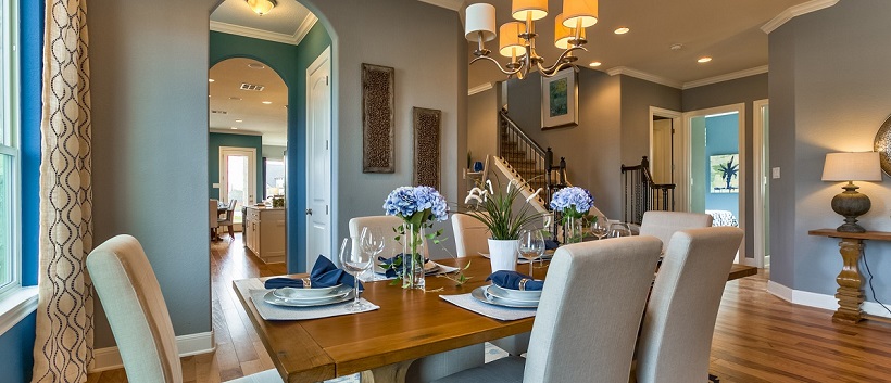 Dining room opening up to the rest of a new Austin home