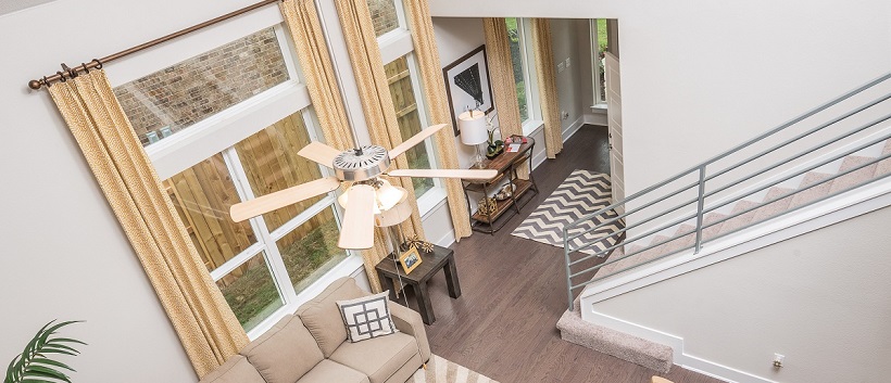 Living room view from second floor in a new Austin home