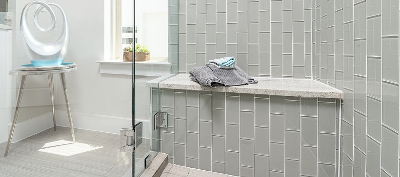 Close-up of modern, frameless shower in a new Austin home