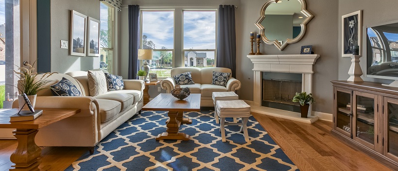 Light streaming through window into contemporary living room with patterned blue and white rug.