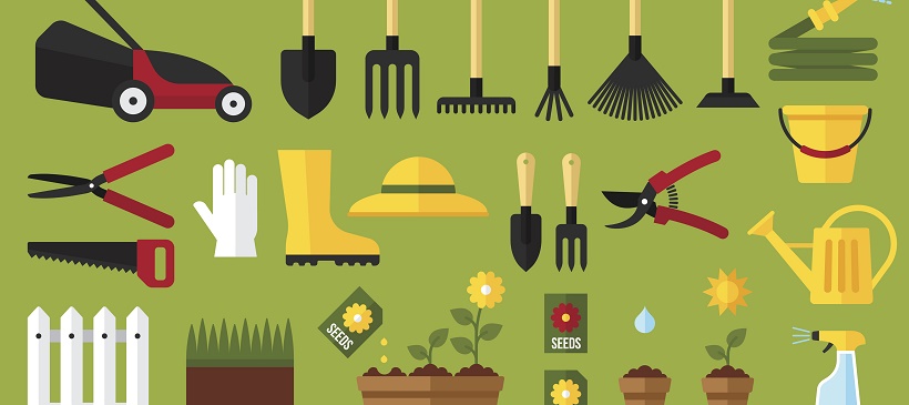 Vector image with green background and various gardening tools representing a Texas landscaping guide.