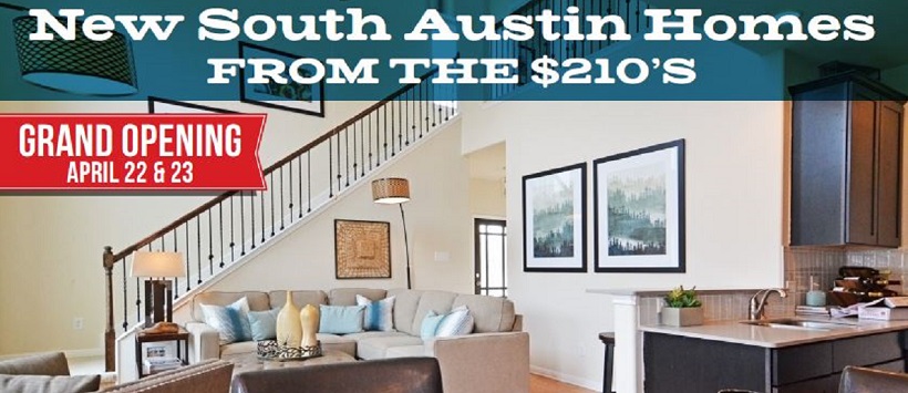 Smithfield image of living room for flyer reading ‘New South Austin Homes From the $210’s’ and ‘Grand Opening April 22 & 23’.