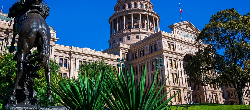 Close up of the Texas State Capitol and outdoor plants and statue.