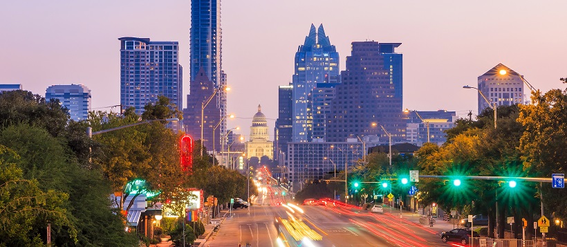 Sunset view of the Texas State Capitol from South Congress Avenue.