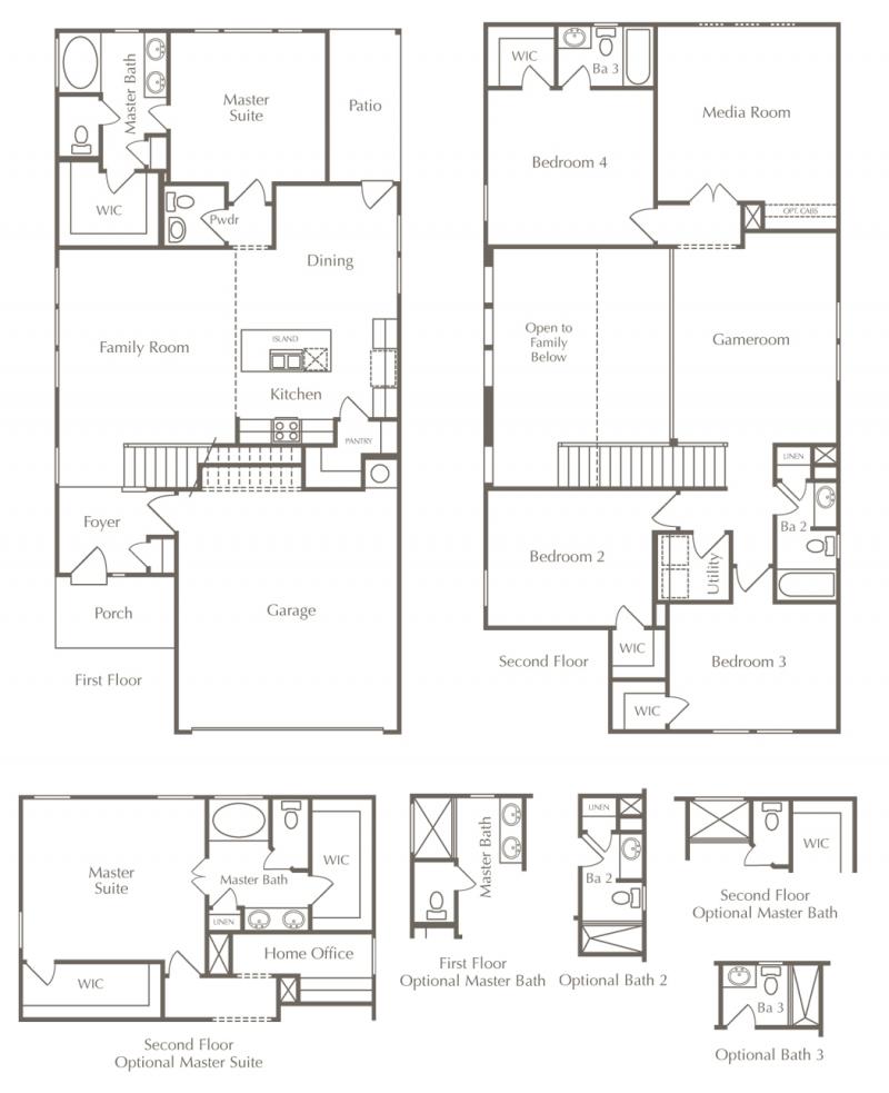 Floor plan drawing of a two-story home with additional options.