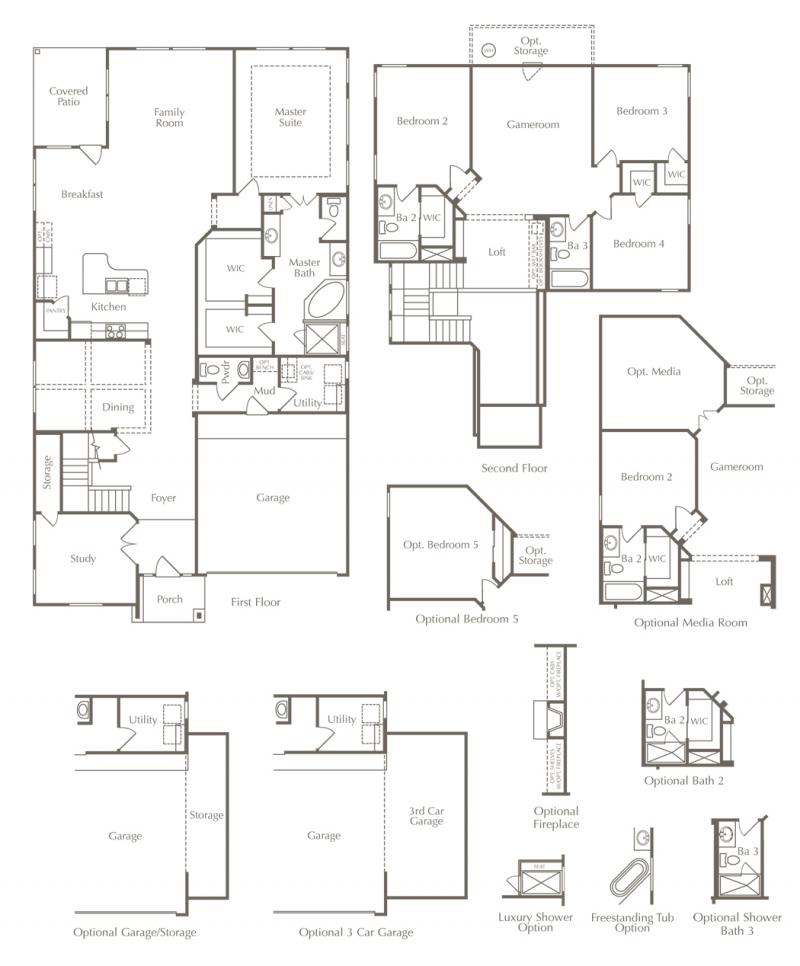  Floor plan drawing of a two-story home with many additional options.