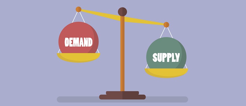 Vector image of a balance holding a ball labeled ‘Demand’ higher than a ball labeled ‘Supply’.