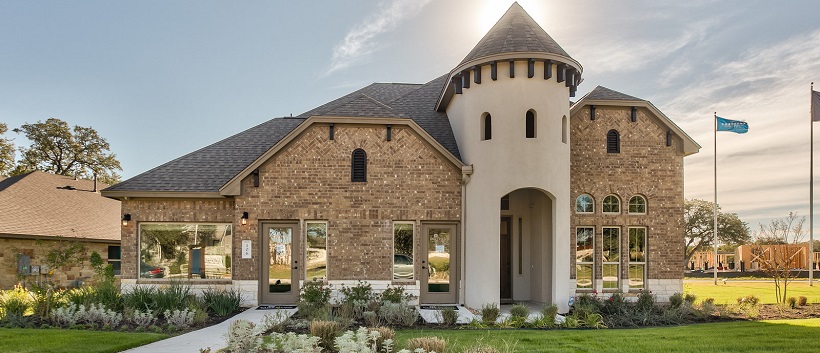 One of the two-story homes in Leander, Texas, displaying a unique front exterior.