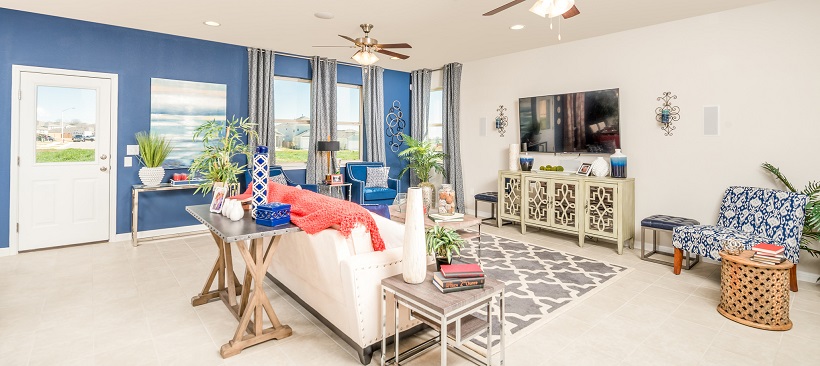 The vibrant living room of a coming-soon home option in Austin, Texas.