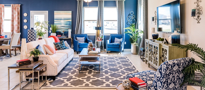 Vibrant living room with blue walls and decor