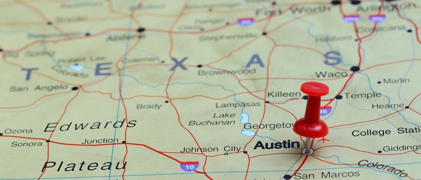 Map of Central Texas with a thumbtack on the city of Austin.