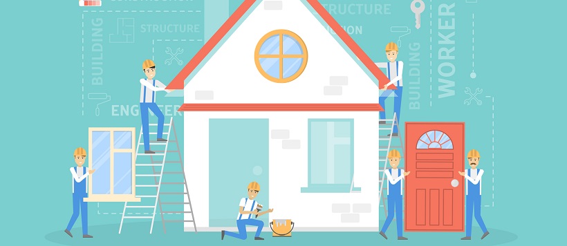 Vector image of workers building a new home.