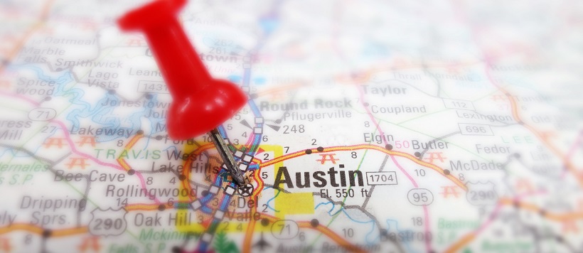 Zoomed in view of Austin metro area on a map with a red thumbtack.